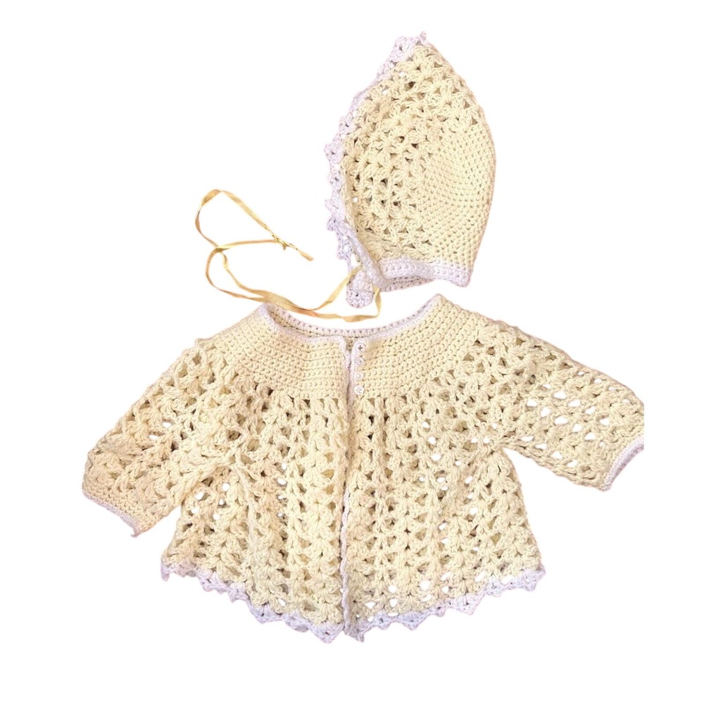 Vtg Handmade newborn Crochet Baby Sweater and Bonnet Set Pale Yellow White Trim
